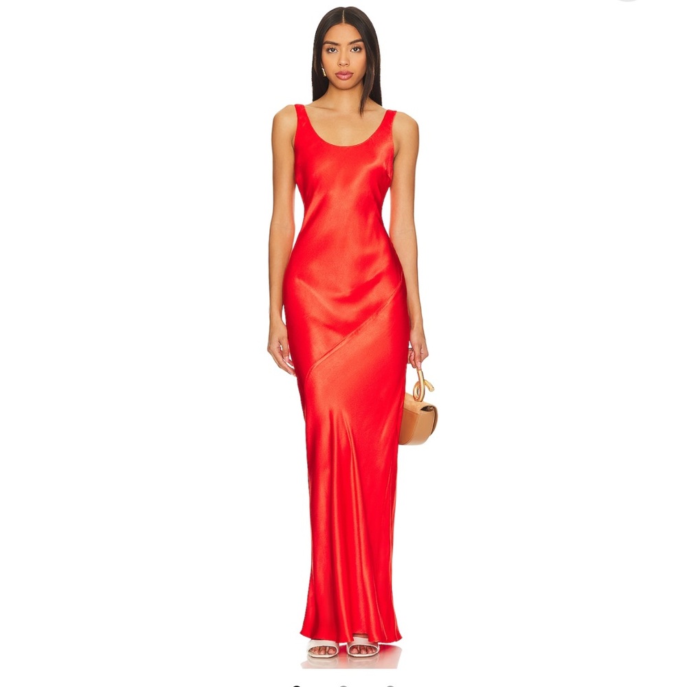 Line & Dot Red Satin Scoop Neck Slip Dress